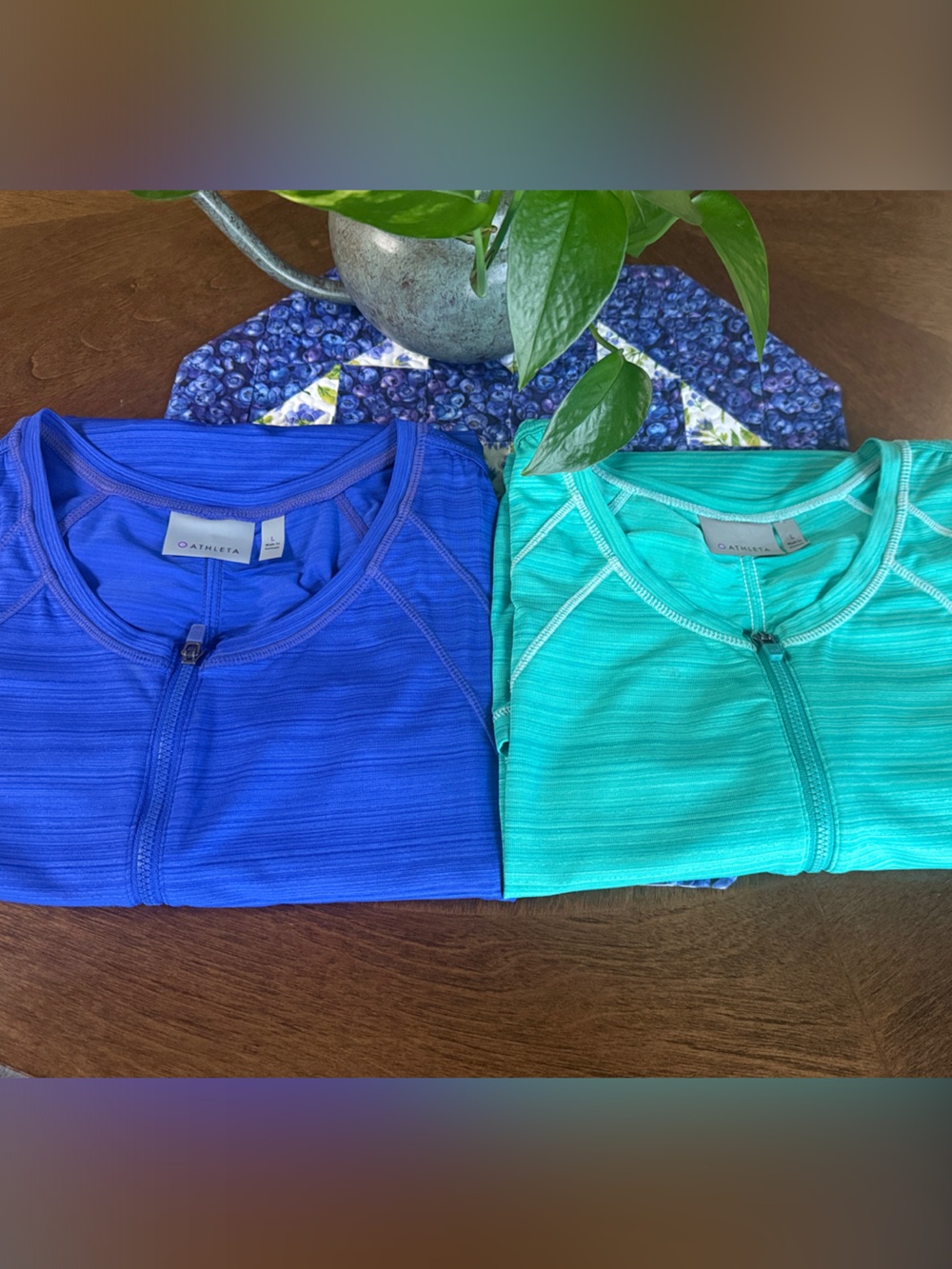 Athleta Women's Zip Tops in blue and green. Excellent condition. No Flaws